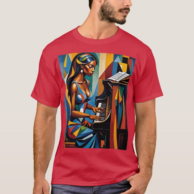 Vibrant Cubist Pianist Abstract Art Tee (Front)