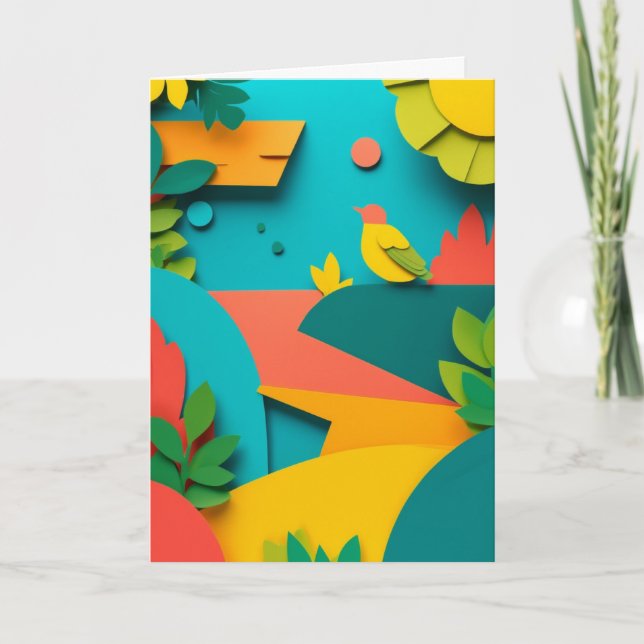 Vibrant Cut-Paper Bird Greeting Card (Front)
