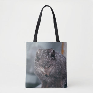 Vibrant Cute Arctic Blue Phase Fox Winter Scene Tote Bag