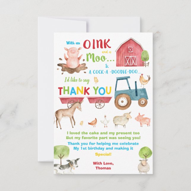 Vibrant Cute Barnyard Farm Animals Birthday Party Thank You Card (Front)