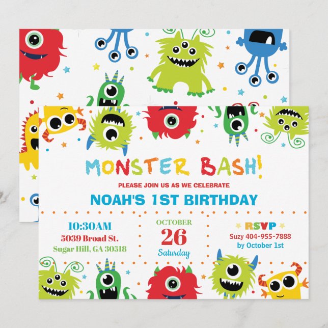 Vibrant Cute Little Monsters Boy 1st Birthday Invitation (Front/Back)