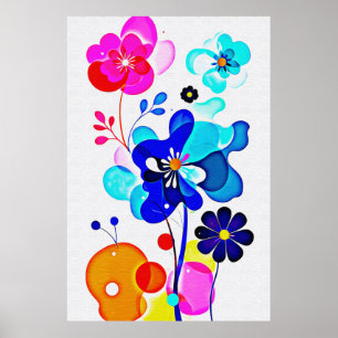 Vibrant Cyan Magenta Abstract Fluid Flowers Poster