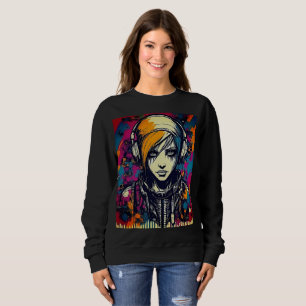Vibrant Cyber Urban Emo Girl with Headphones Sweatshirt