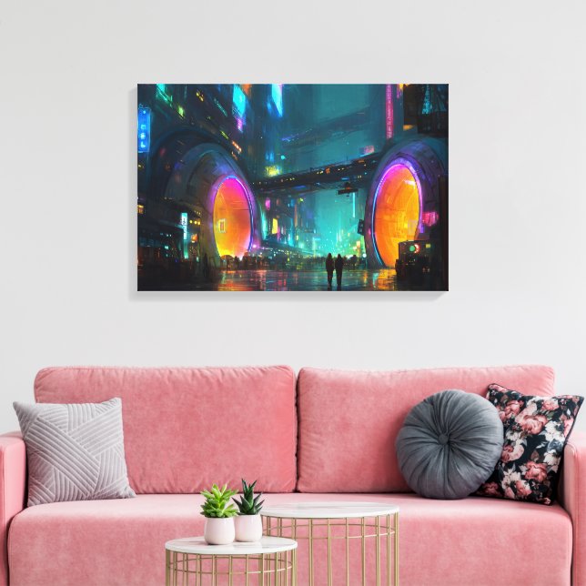 Vibrant Cyberpunk Cityscape with Arches Canvas Print (Insitu(LivingRoom))