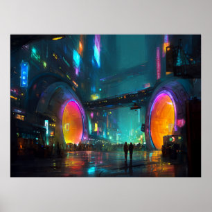 Vibrant Cyberpunk Cityscape with Arches Poster