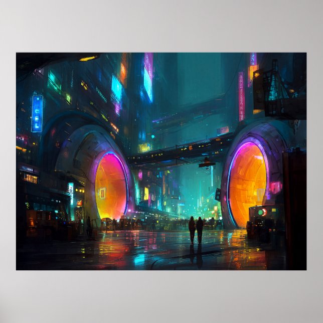 Vibrant Cyberpunk Cityscape with Arches Poster (Front)