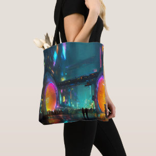 Vibrant Cyberpunk Cityscape with Arches Tote Bag