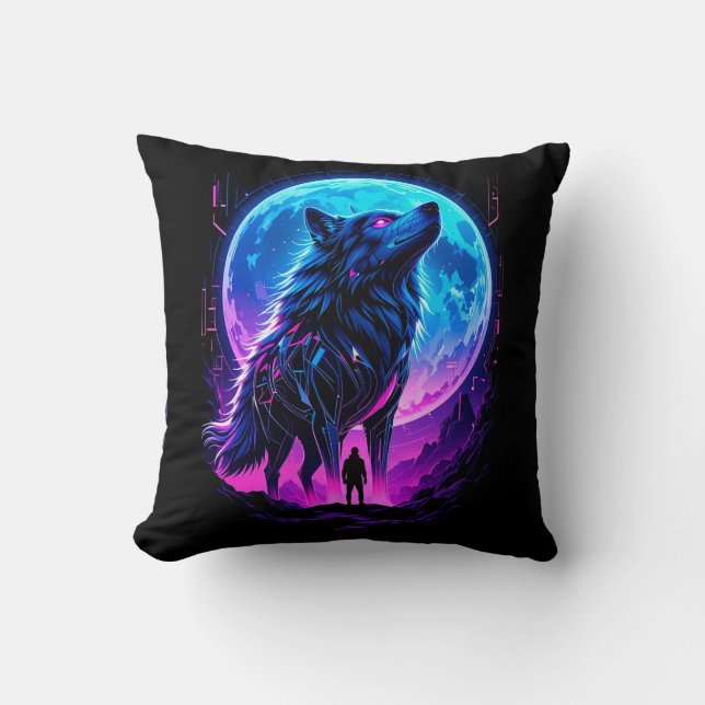 Vibrant Cyberpunk Neon Wolf Cushion (Front)