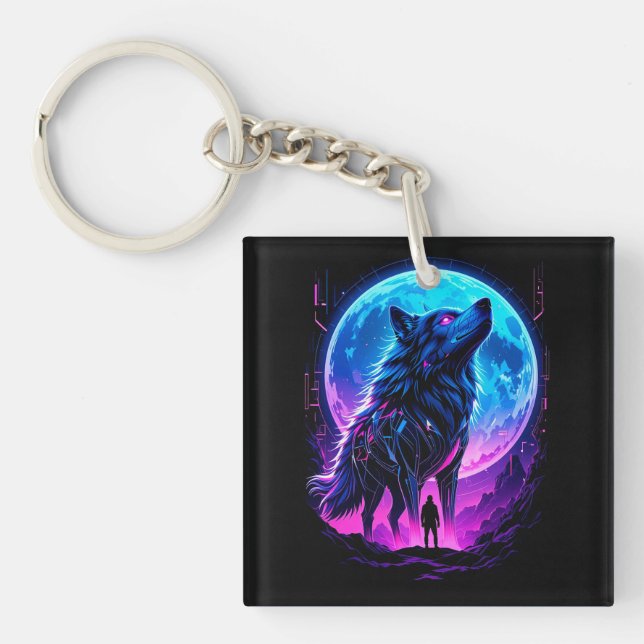 Vibrant Cyberpunk Neon Wolf Key Ring (Front)