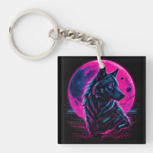 Vibrant Cyberpunk Neon Wolf Key Ring