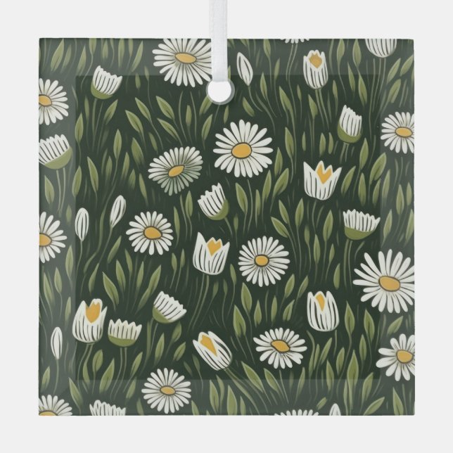 Vibrant Daisy Pattern with Lush Green Accents Glass Tree Decoration (Front)