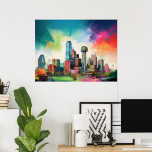 Vibrant Dallas Skyline Graffiti Art Poster