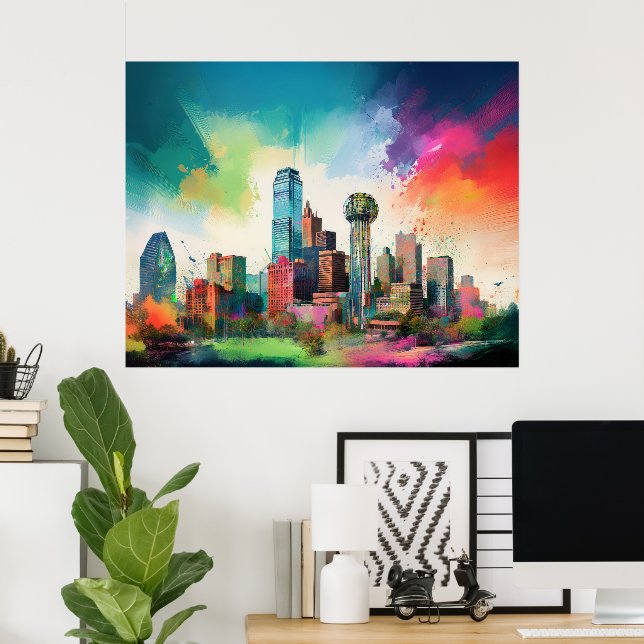 Vibrant Dallas Skyline Graffiti Art Poster (Home Office)