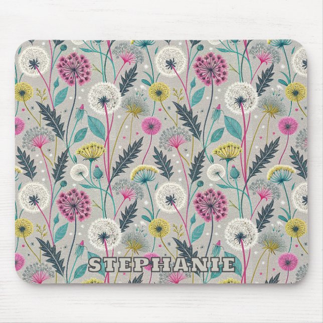 Vibrant Dandelion and Foliage Seamless Pattern Mouse Mat (Front)