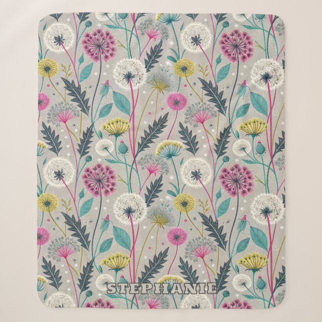 Vibrant Dandelion and Foliage Seamless Pattern Sherpa Blanket (Front)