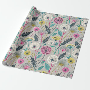Vibrant Dandelion and Foliage Seamless Pattern Wrapping Paper