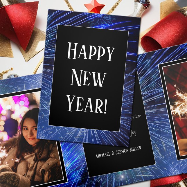 Vibrant dark blue fireworks New Year 2026 3 Photos Tri-Fold Holiday Card (Happy new year tri fold photo template greeting card with blue fireworks)