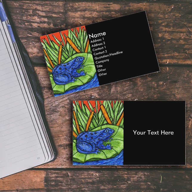 Vibrant Deep Blue Frog on Lily Pad Business Card (Vibrant blue frog with spots on green lily pad in water reed plants on black business cards.)