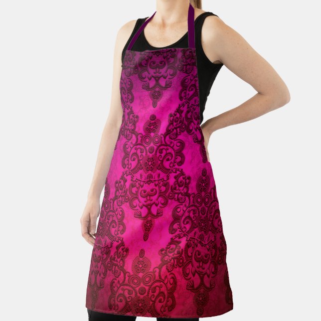 Vibrant Deep Pink Distressed Damask Boho Pattern Apron (Insitu)