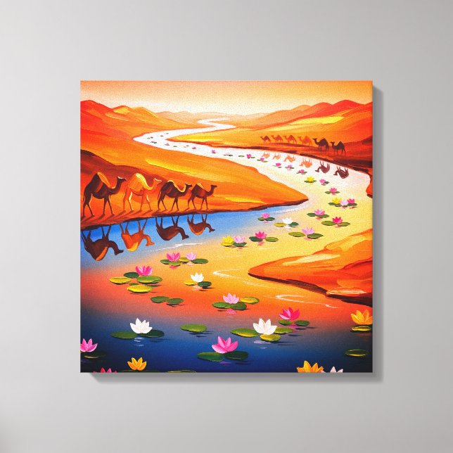 Vibrant Desert Oasis Painting with Camel Caravan Canvas Print (Front)
