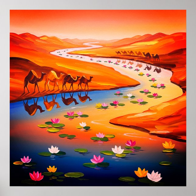 Vibrant Desert Oasis Painting with Camel Caravan Poster (Front)