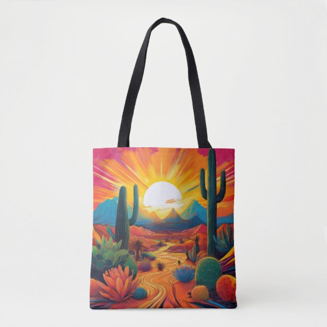 Vibrant Desert Sunrise with Colourful Cactus Lands Tote Bag (Front)