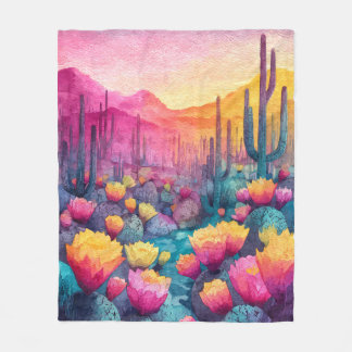 Vibrant Desert Sunset Cactus Bloom Blanket