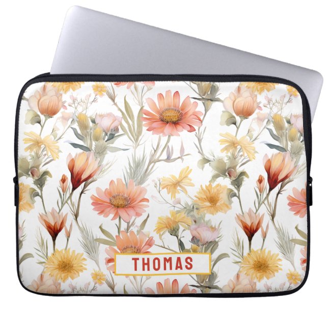 Vibrant Desert Wildflowers Customised Name floral Laptop Sleeve (Front)