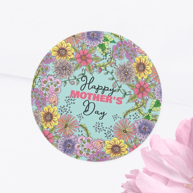 Vibrant Detailed Doodle Flowers Mother's Day Classic Round Sticker (Creator Uploaded)