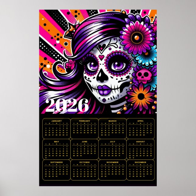 Vibrant Día de los Muertos Sugar Skull Art  Poster (Front)
