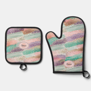 Vibrant Diagonal Brushstroke Pattern (2) Oven Mitt & Pot Holder Set