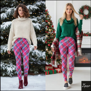 Vibrant Diagonal Pink Magenta Tartan Plaid Leggings