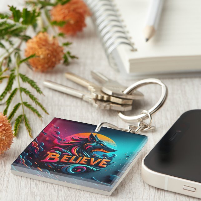 Vibrant Digital Artwork Featuring a Stylised Wolf  Key Ring (Front Right)