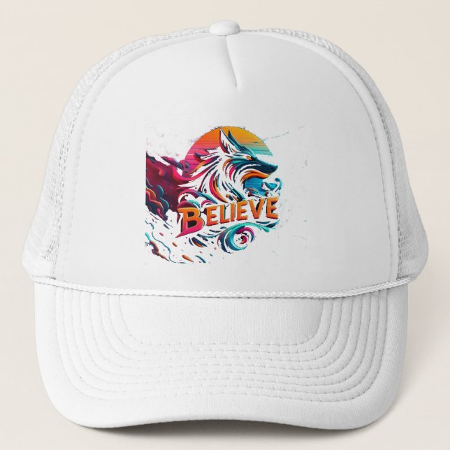 Vibrant Digital Artwork Featuring a Stylised Wolf  Trucker Hat (Front)