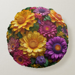 Vibrant Display of Yellow and Purple Flowers Round Cushion