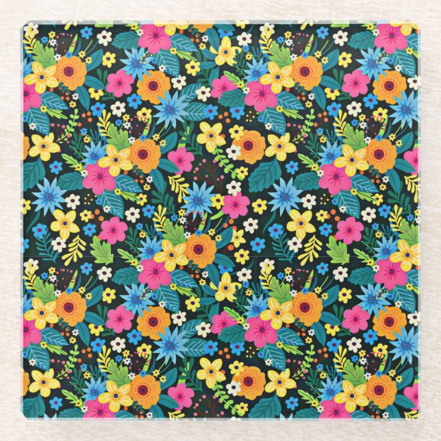 Vibrant Ditsy Flowers Floral Pattern-43785 Glass Coaster (Front)