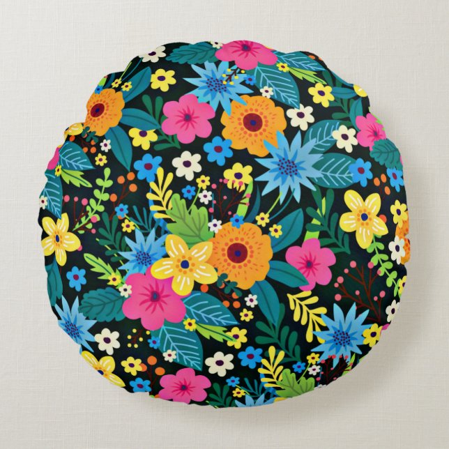 Vibrant Ditsy Flowers Floral Pattern-43785 Round Cushion (Front)