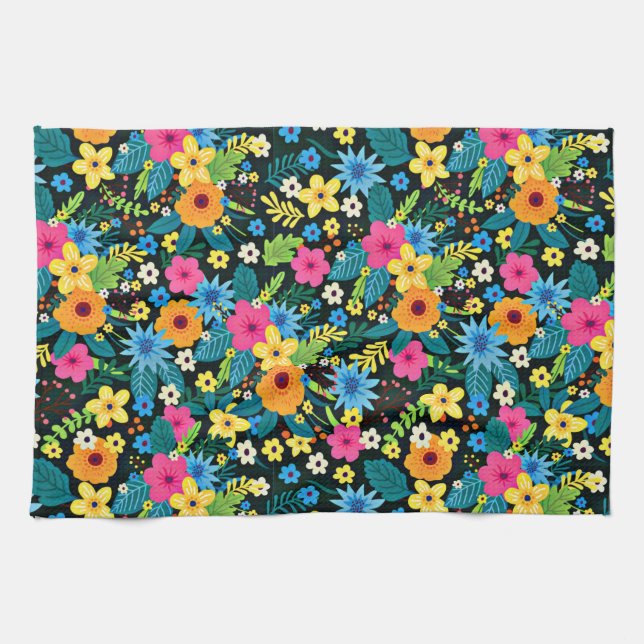 Vibrant Ditsy Flowers Floral Pattern-43785 Tea Towel (Horizontal)