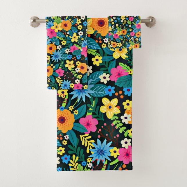 Vibrant Ditsy Flowers Floral Pattern Design-43785 Bath Towel Set (Insitu)