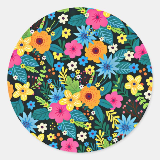 Vibrant Ditsy Flowers Floral Pattern Design-43785 Classic Round Sticker (Front)