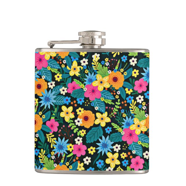Vibrant Ditsy Flowers Floral Pattern Design-43785 Hip Flask (Front)