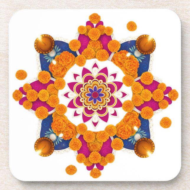 Vibrant Diwali Rangoli Hard Plastic Coaster Set (Front)