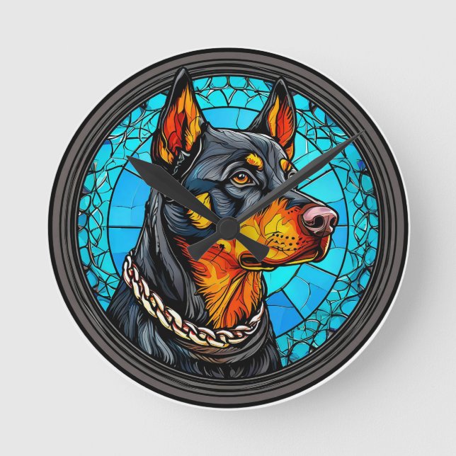 🐕 Vibrant Doberman Dog Bold Animal Art Modern  Round Clock (Front)