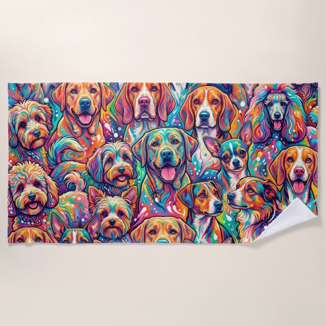 Vibrant Dog Dreamscape – Psychedelic Boho Beach Towel (Front)