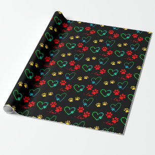 Vibrant DOG PAW PRINTS and LOVE HEARTS Wrapping Paper