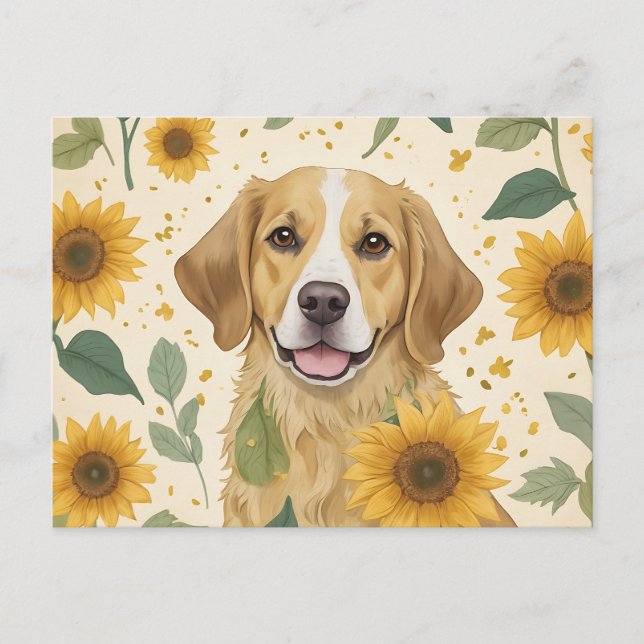 Vibrant Dog with Sunflowers Postcard (Front)
