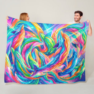 Vibrant Dolphin Dreamscape – Psychedelic Boho Fleece Blanket