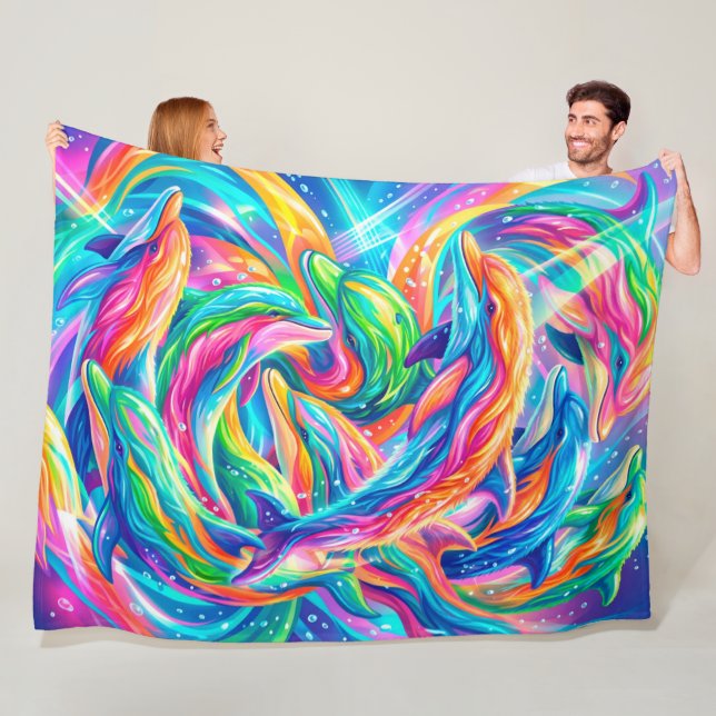 Vibrant Dolphin Dreamscape – Psychedelic Boho Fleece Blanket (In Situ)