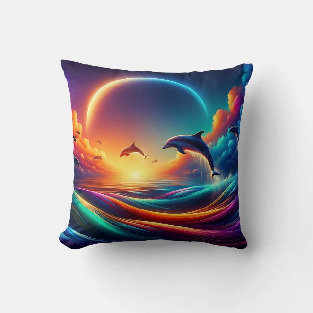 “Vibrant Dolphin Fantasy - Surreal Ocean Art" Cushion (Front)