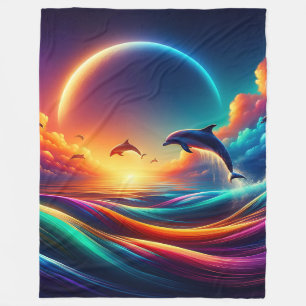 “Vibrant Dolphin Fantasy - Surreal Ocean Art" Fleece Blanket